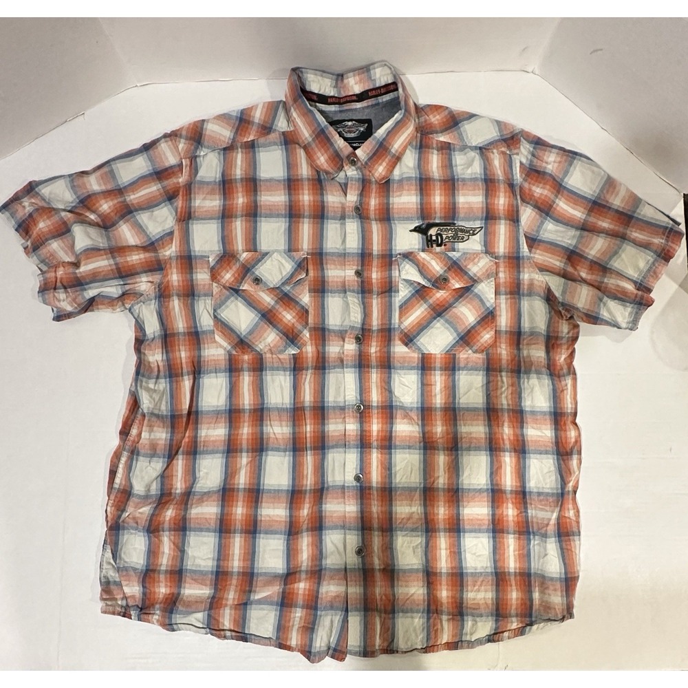 Harley Davidson H-D Performance Plaid Button Shirt Black White Orange Men's 2XL
